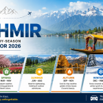 Colorful Kashmir travel guide infographic featuring Dal Lake, a traditional shikara boat, snow-capped mountains, and seasonal highlights for spring, summer, autumn, and winter, with ATC Cabs branding.