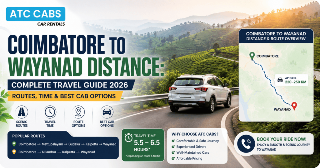 ATC Cabs travel infographic showing the distance from Coimbatore to Wayanad with scenic tea plantations, route map, travel time, and best cab options for a comfortable road trip.