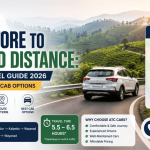 ATC Cabs travel infographic showing the distance from Coimbatore to Wayanad with scenic tea plantations, route map, travel time, and best cab options for a comfortable road trip.