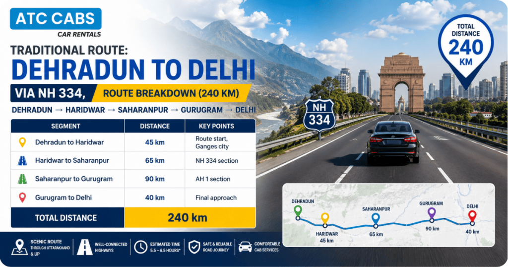 Traditional Dehradun to Delhi route via NH 334 infographic showing a 240 km road journey through Haridwar, Saharanpur, and Gurugram, featuring route breakdown, travel distances, key landmarks, and ATC Cabs branding.