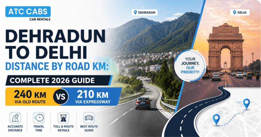 ATC Cabs travel guide banner showing Dehradun to Delhi road distance comparison between the traditional 240 km route and the 210 km expressway route, featuring scenic highways, mountain landscapes, and Delhi city landmarks.