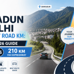 ATC Cabs travel guide banner showing Dehradun to Delhi road distance comparison between the traditional 240 km route and the 210 km expressway route, featuring scenic highways, mountain landscapes, and Delhi city landmarks.