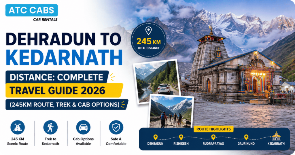 ATC Cabs travel infographic showing the 245 km journey from Dehradun to Kedarnath, featuring Kedarnath Temple, Himalayan landscapes, trekking routes, and cab travel options for pilgrims.