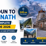 ATC Cabs travel infographic showing the 245 km journey from Dehradun to Kedarnath, featuring Kedarnath Temple, Himalayan landscapes, trekking routes, and cab travel options for pilgrims.