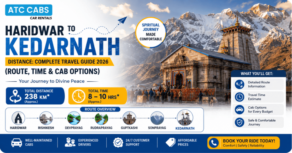 Haridwar to Kedarnath travel guide banner featuring the sacred Kedarnath Temple, Himalayan mountain backdrop, route overview, travel distance, estimated journey time, and ATC Cabs transportation services.