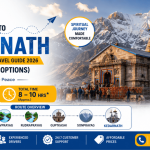 Haridwar to Kedarnath travel guide banner featuring the sacred Kedarnath Temple, Himalayan mountain backdrop, route overview, travel distance, estimated journey time, and ATC Cabs transportation services.