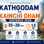 Kathgodam to Kainchi Dham Distance 2026 infographic by ATC Cabs showing a scenic road journey, Kainchi Dham Temple, distance of 35–38 km, and travel time of 1.5 hours.