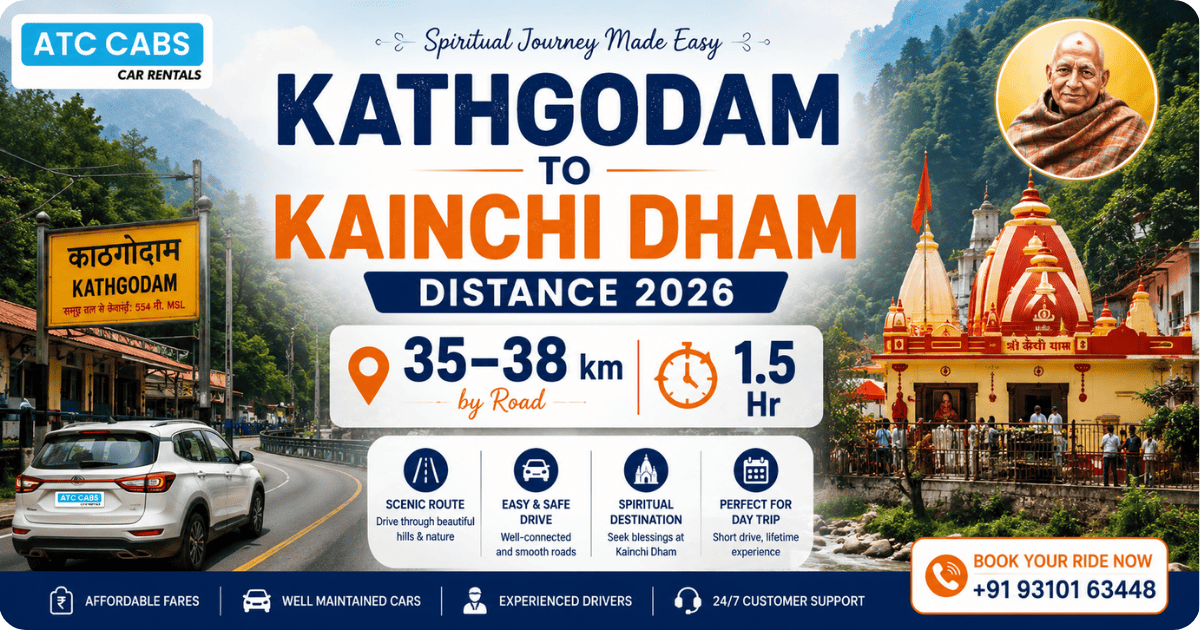 Kathgodam to Kainchi Dham Distance 2026 infographic by ATC Cabs showing a scenic road journey, Kainchi Dham Temple, distance of 35–38 km, and travel time of 1.5 hours.