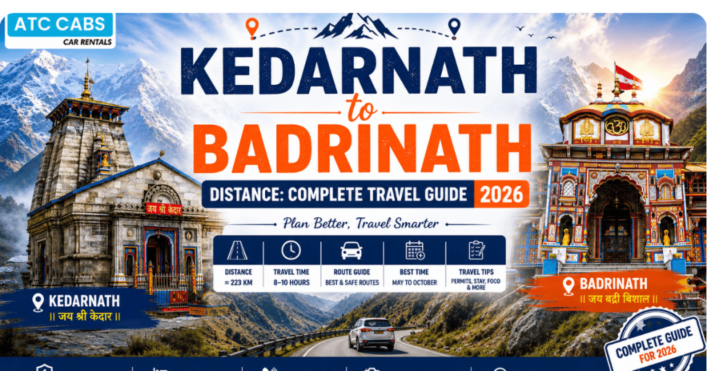 Kedarnath to Badrinath Distance Travel Guide 2026 by ATC Cabs featuring Kedarnath Temple, Badrinath Temple, Himalayan mountains, and route information.