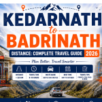 Kedarnath to Badrinath Distance Travel Guide 2026 by ATC Cabs featuring Kedarnath Temple, Badrinath Temple, Himalayan mountains, and route information.