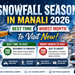 Snowfall Season in Manali 2026 infographic by ATC Cabs showing the best time and worst month to visit Manali, featuring snowy landscapes, winter activities, and travel information.