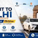 Pilibhit to Delhi Taxi Service banner by ATC Cabs featuring affordable cab booking at ₹9.5 per km, a premium taxi, India Gate landmark, and 24/7 customer support for safe intercity travel.