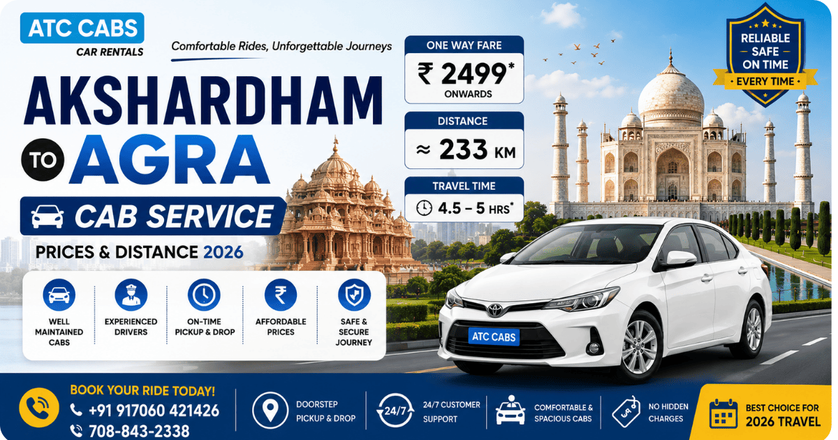 Akshardham to Agra Cab Service – Affordable Taxi with Price, Distance and Travel Time by ATC Cabs